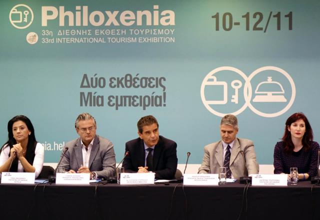 From left to right, the Project Manager of Hotelia, Mrs Tonia Nikolaidou, the president of Thessaloniki Convention Bureau, Mr  Yiannis Aslanis, the CEO of TIF-Helexpo, Mr. Kyriakos Pozrikidis, the president of the Thessaloniki Hotels Association, Mr Andreas Mandrinos,  and the Project Manager of Philoxena Mrs Katerina Traptsioni